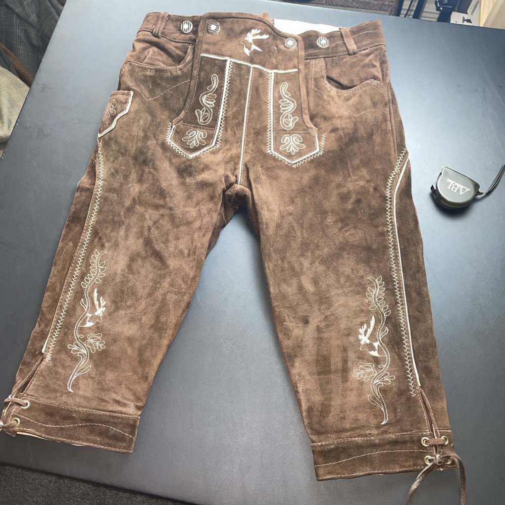 EDELNICE Trachtenmode DEER Embroidered BROWN SUEDE  Lederhosen Pants 50 (US 34)